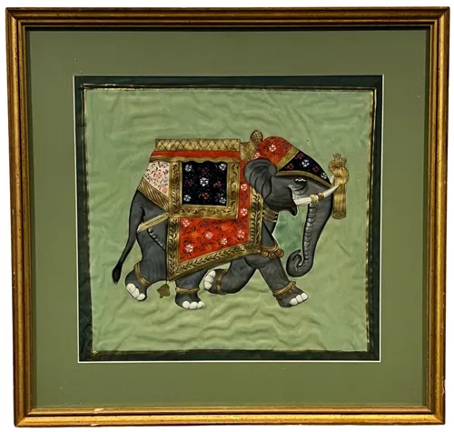 Wedding Elephant Painting On Silk In Gold Frame