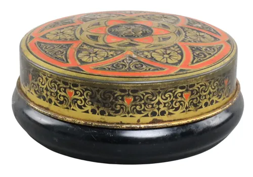 Antique Round Black & Red & Gold Patterned Tin