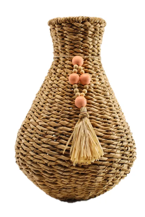 Weaved Grasses With Pink Beads Decorative Basket