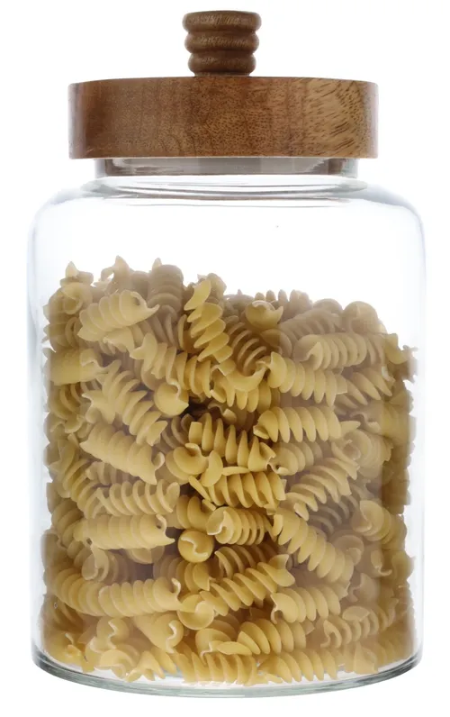 Clear Glass Canister With Wood Lid Containing Pasta Noodles
