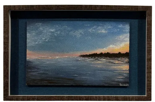 Tranquil Seascape Painting On Board In Shadowbox Frame