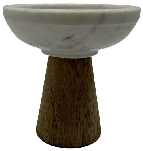 Tapered Wood & White Marble Candle Holder - Small