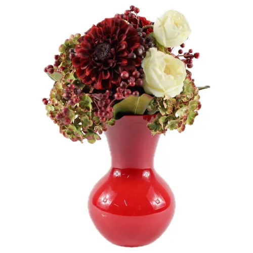 Artificial Mixed Bouquet In Red Glass Vase