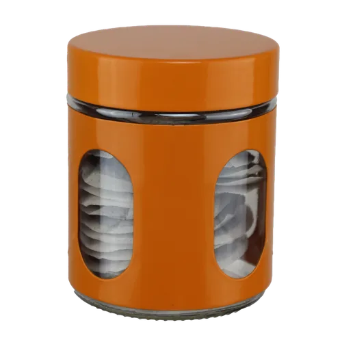 Orange Metal & Clear Glass Canister Containing Tea Bags