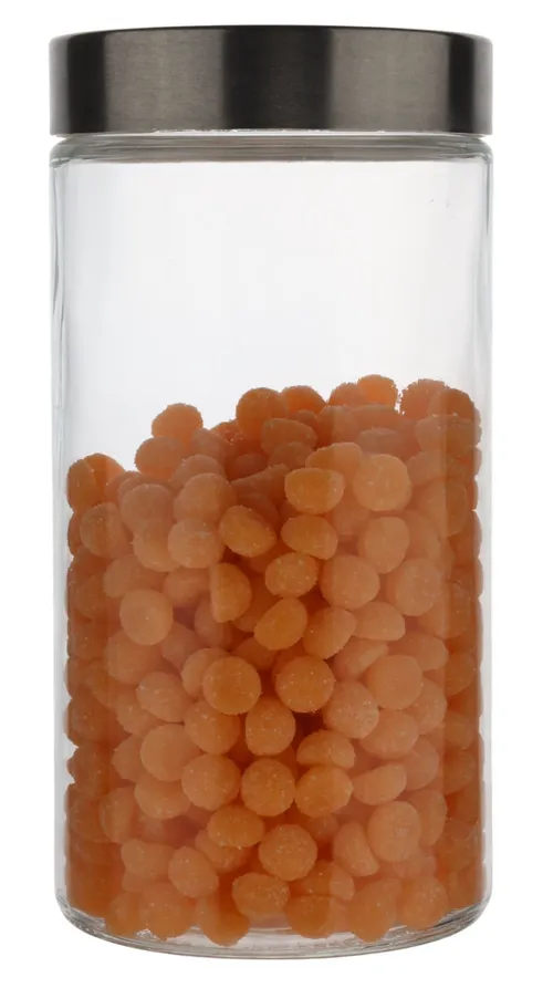 Clear Glass Canister With Silver Lid Containing Orange Candy