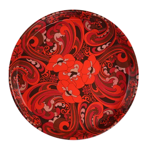 Red Floral Vintage Tin Circular Serving Tray