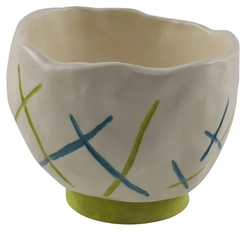 White Ceramic Handmade Kids Project Bowl With Green & Blue Pattern