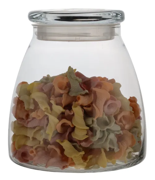 Clear Glass Tapered Canister With Lid Containing  Colourful Pasta