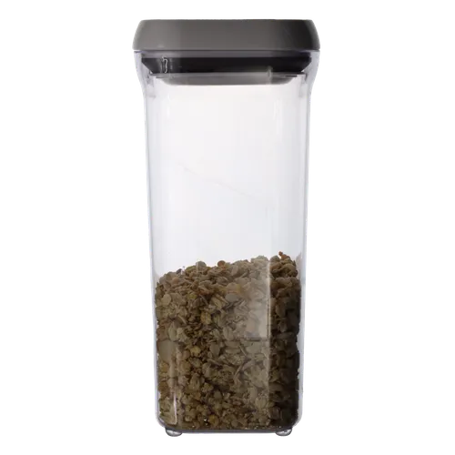 Clear Tall Pop Top Storage Container With White Lid Containing Granola