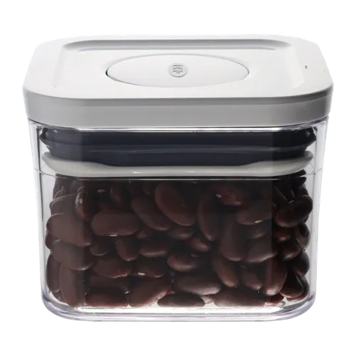 Clear Square Pop Top Low Profile Storage Container With White Lid Containing Kidney Beans