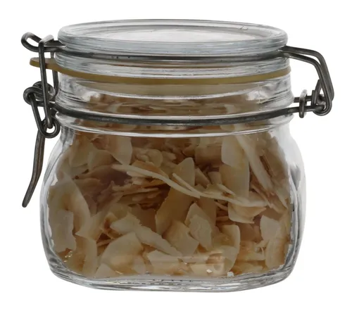 Clear Glass Canister With Hinged Lid Containing Coconut