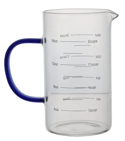 Clear Glass With Blue Handle Measuring Cup