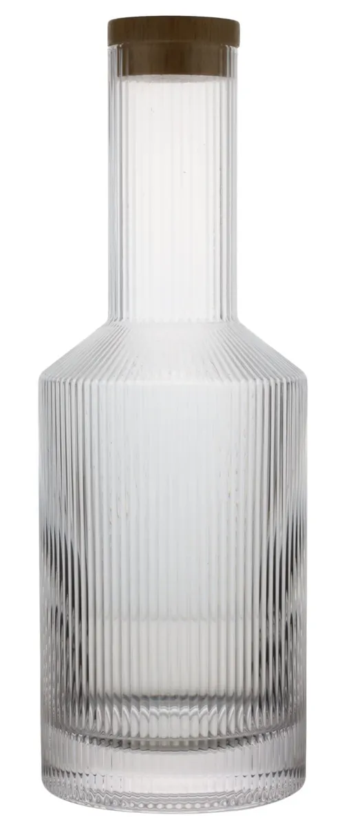 Clear Glass Vertical Ribbed Bottle Pitcher With Wood Lid