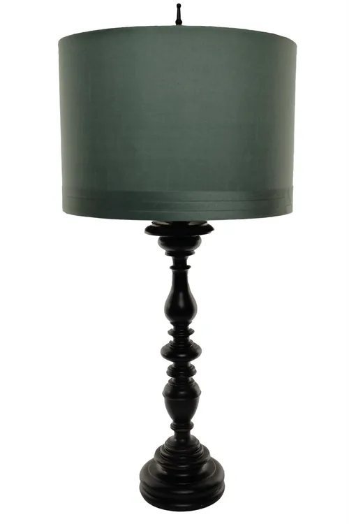 Bronze Lathed Column Table Lamp With Sage Linen Drum Shade