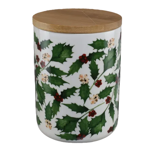 Small Seasonal Holly Canister With Wood Lid
