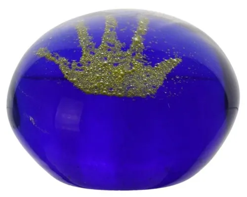 Blue Glass Paperweight With Gold Dust Handprint