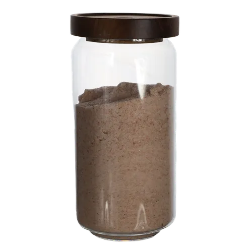 Clear Glass Canister With Walnut Lid Containing Pink Salt