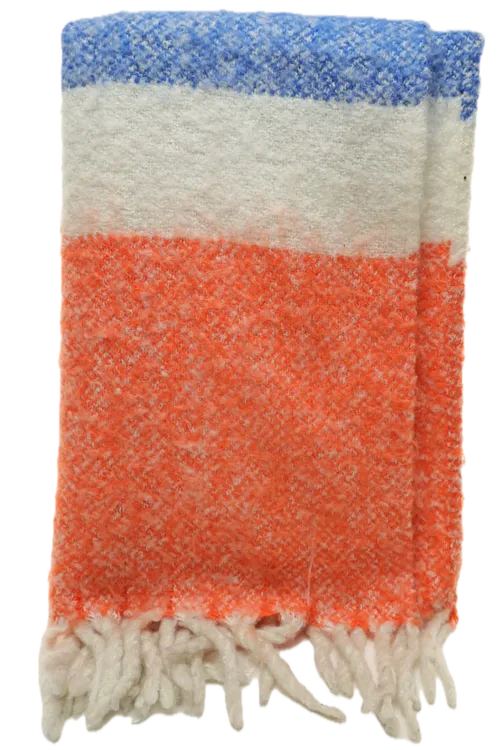 Orange, Blue, Green & White Striped Brushed Wool Throw Blanket With White Fringe Trim
