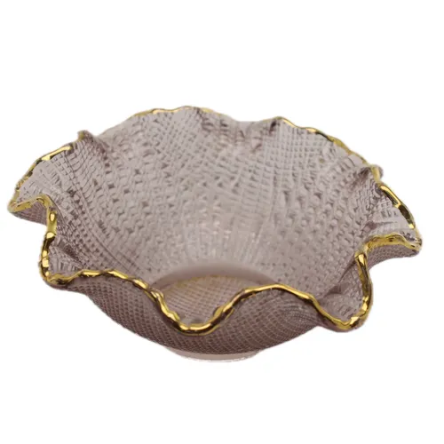 Pink & Gold Rippled Glass Dish Bowl