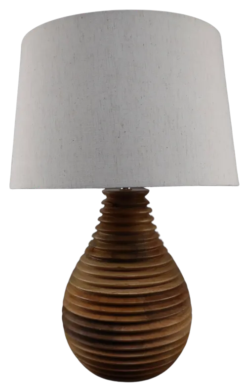 Ribbed Wood Table Lamp With Beige Shade