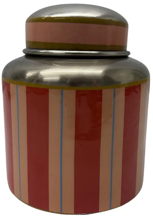 Red & Pink Striped Metal Storage Canister