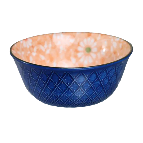 French Blue Patterned Small Bowl With Peach Interior