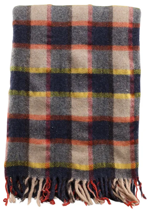 Navy Blue & Red & Yellow Plaid Wool Blanket With Fringe
