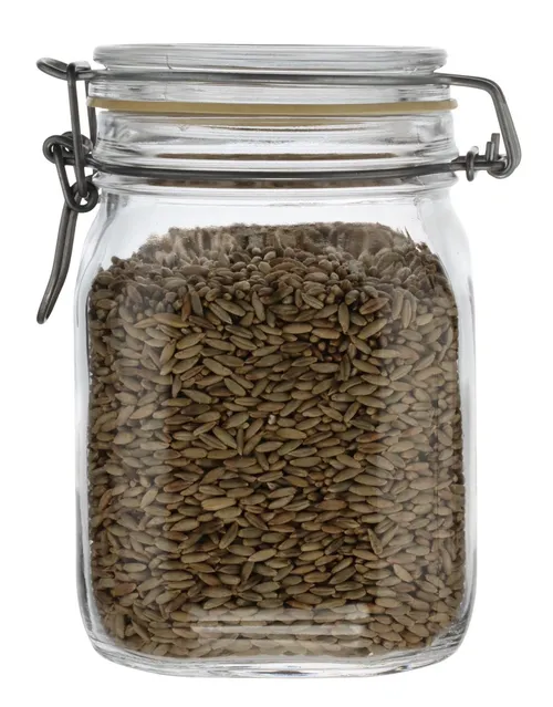 Clear Glass Canister With Hinged Lid With Grains
