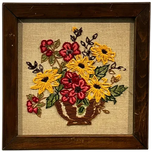 Embroidered Floral Bouquet In Wood Frame