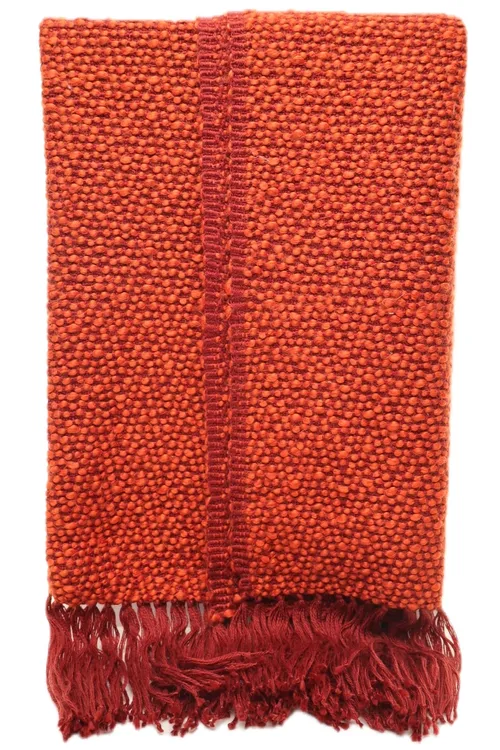 Rust Knit Pebbled Zig Zag Throw Blanket With Burgundy Fringe Trim