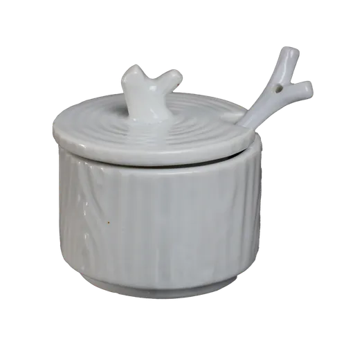 White Tree Bark Sugar Bowl With Lid & Branch Spoon