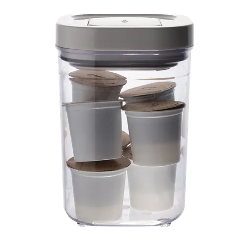 Clear Pop Top Storage Container Containing Coffee Pods