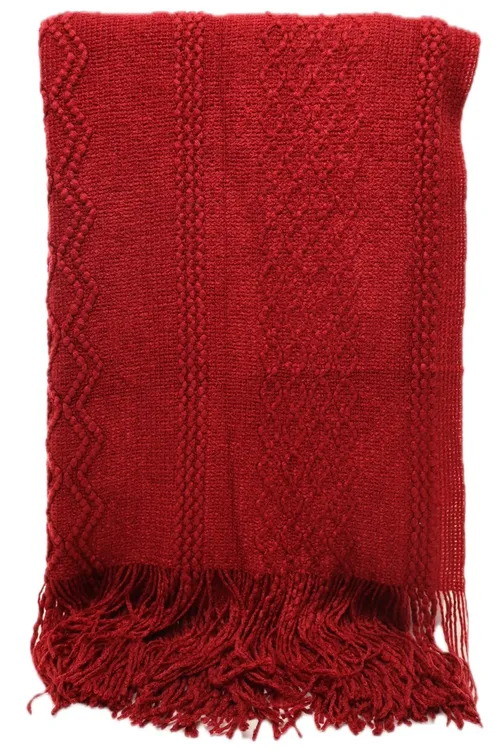 Cranberry Red Argyle Pattern Throw Blanket With Fringe Trim