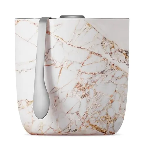 White & Gold Marbleized Metal Ice Bucket & Tongs