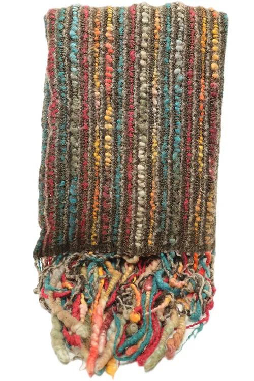 Chocolate Brown With Multicolour Knit Throw Blanket With Fringe Trim