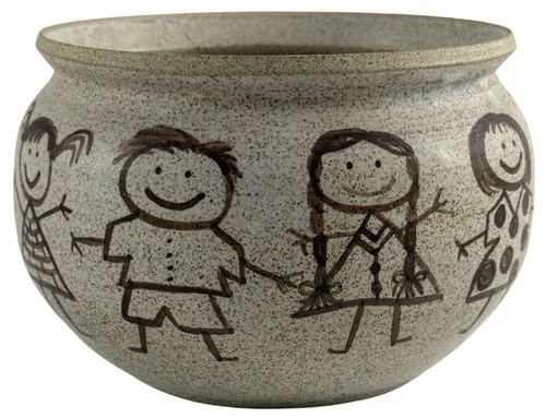Beige Ceramic Pottery Pot With Painted Children