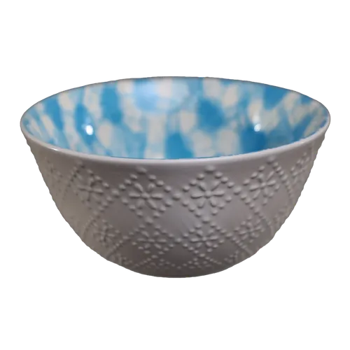White Patterned Ceramic Small Bowl With Blue Tye Dye Interior 