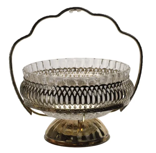 Antique Silver Plated Glass Condiment Serving Bowl With Stand