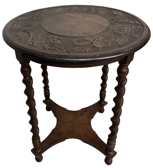 Antique Carved Wood Side Table With Floral Pattern