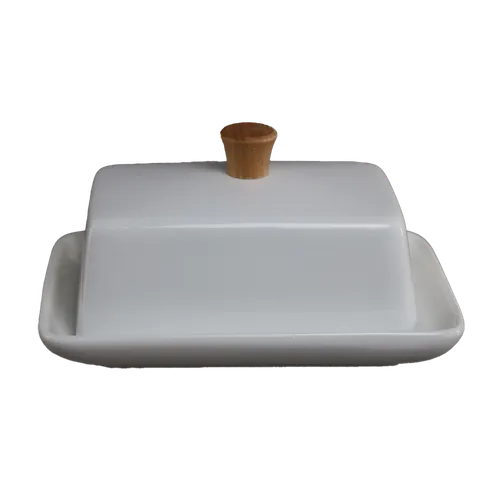 White With Wood Handle Butter Dish