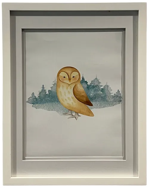 Brown Barn Owl Watercolour In White Frame