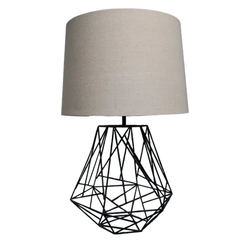 Large Geometric Black Rod Table Lamp With Beige Shade