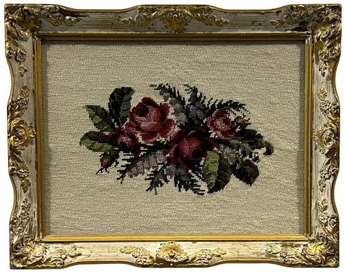 Embroidered Roses In Ornate Gold Frame