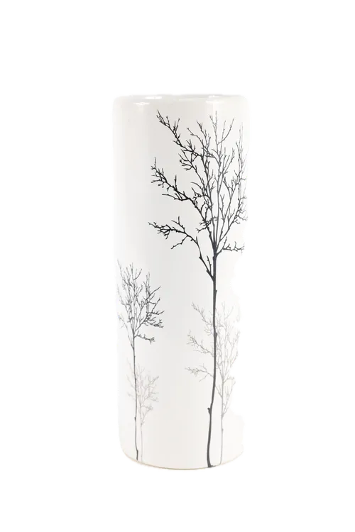White Tree Silhouette Cylinder Vase