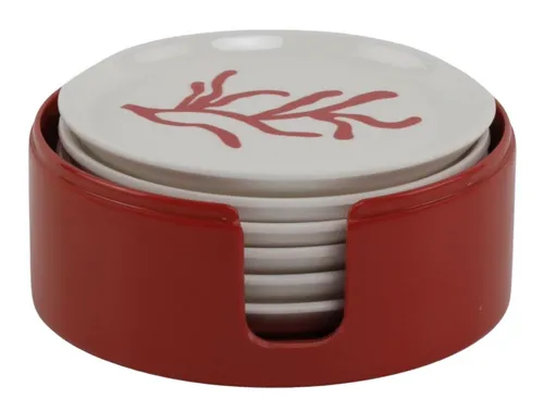White & Red Pattern Coaster Set With Holder