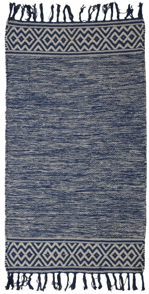 White & Blue Woven Entry Mat Rug With Tassels 2'2