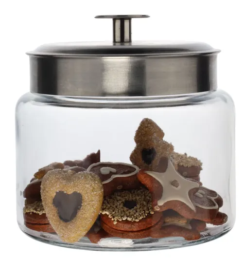 Clear Glass Canister With Silver Lid Containing Artificial Cookies