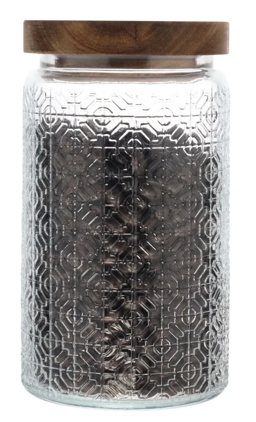 Clear Patterned Glass Canister With Wood Lid Containing Coffee Beans
