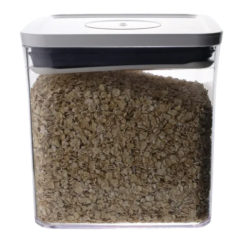 Clear Square Pop Top Low Profile Storage Container With White Lid Containing Rolled Oats
