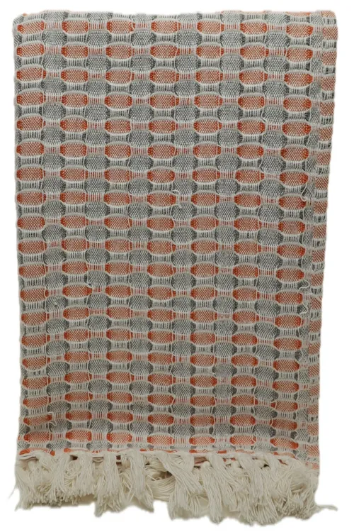 White Knit With Orange & Grey Pattern Throw Blanket With Fringe Trim